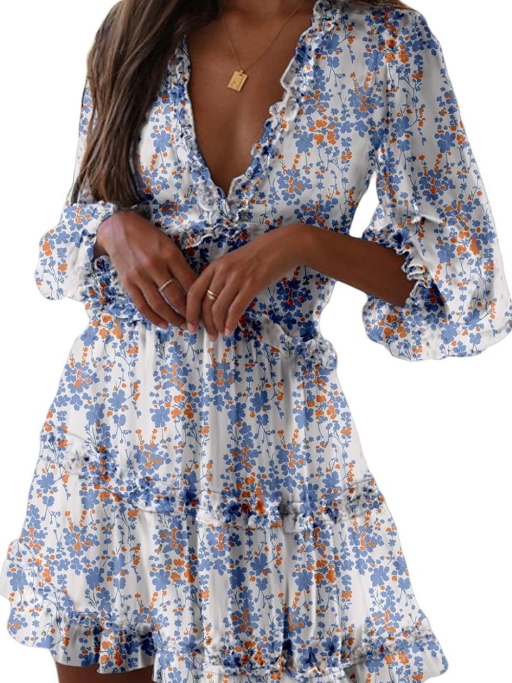 Ruffled V-Neck Floral Midi Dress in Blue & Orange